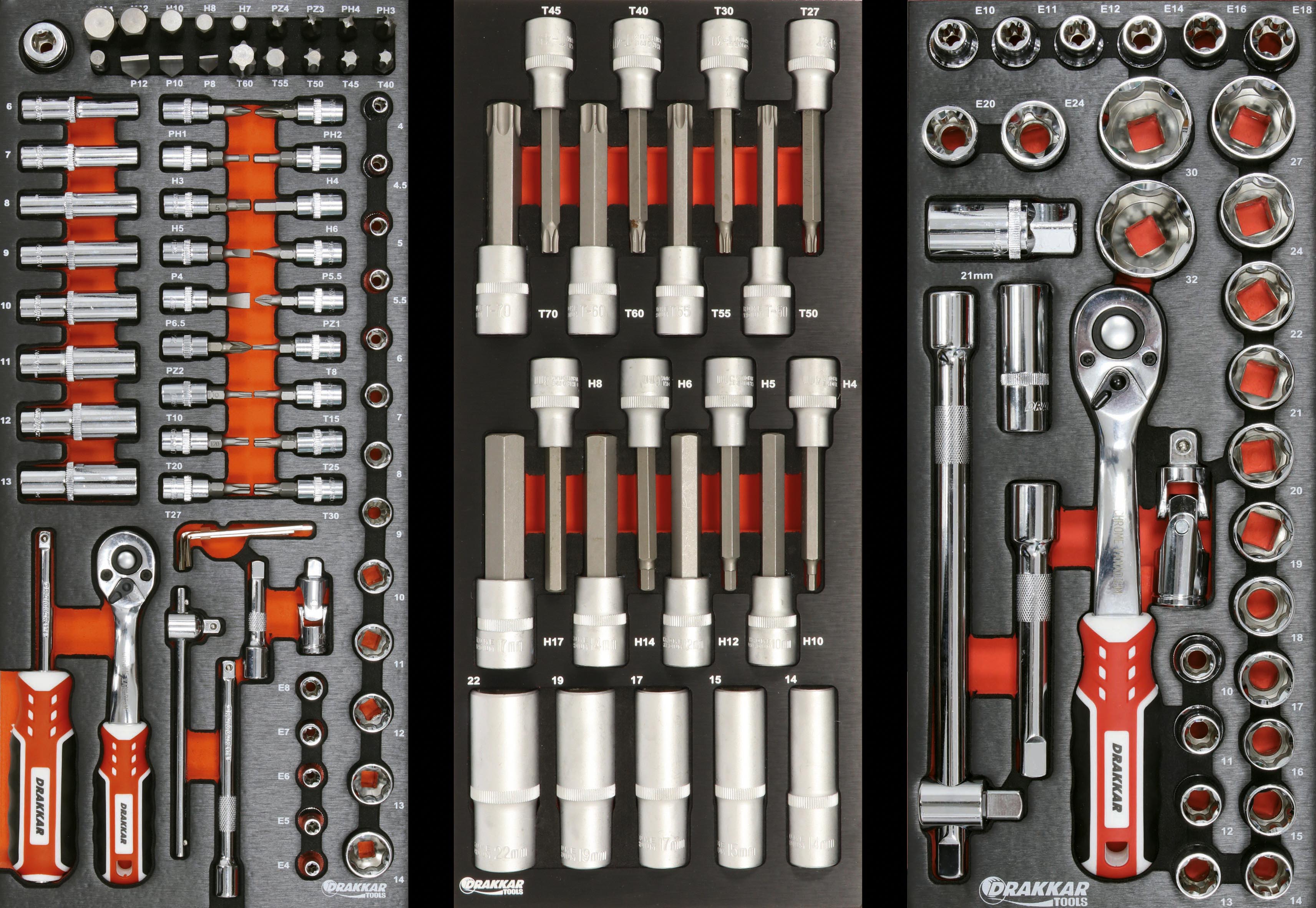 Servante d'atelier 8 tiroirs composée de 263 outils PL - modules finition métal DRAKKAR TOOLS - 25124