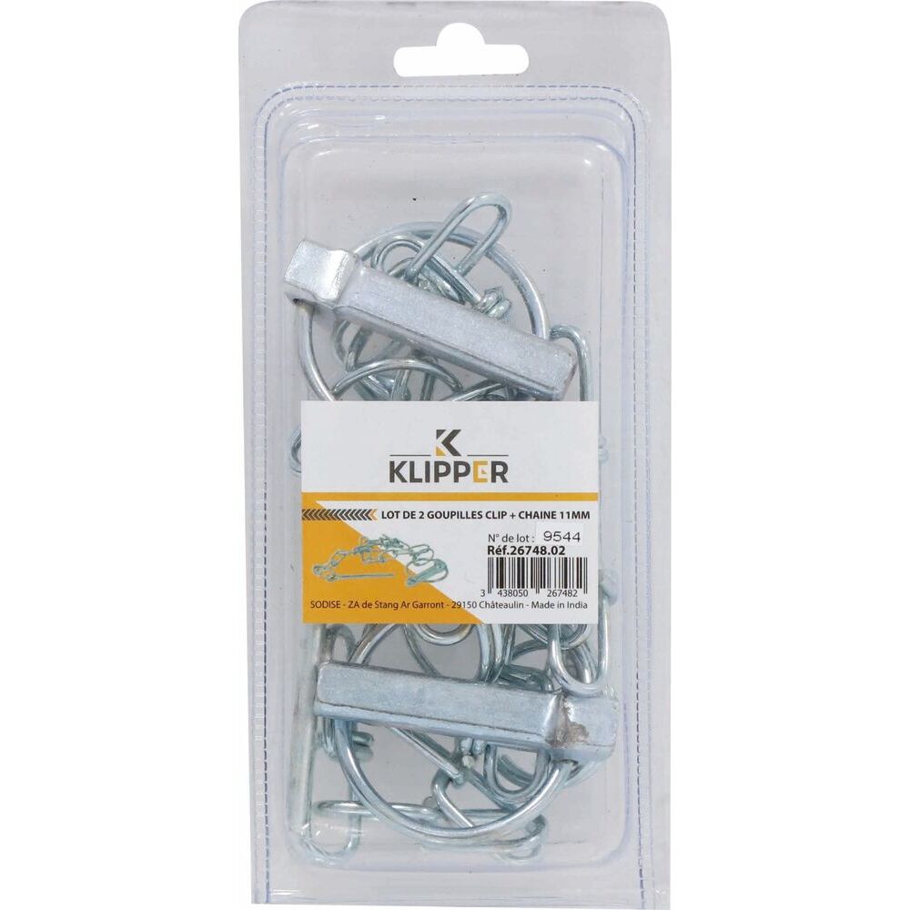 Goupilles clips 11mm avec chaîne - blister de 2 pièces - Lot de 2 - KLIPPER - 26748.02