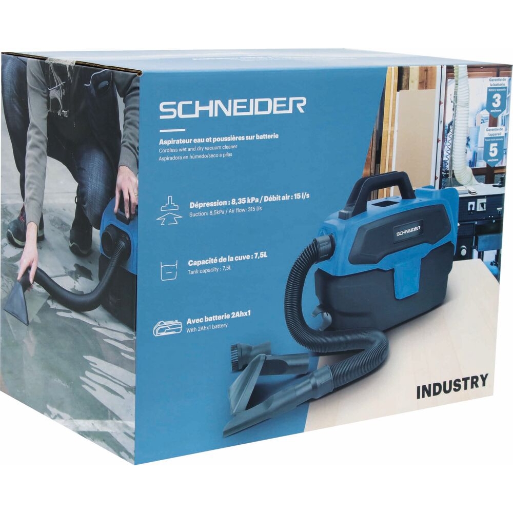 Aspirateur eau et poussière 7,5L 150W sur batterie 20V - 1 batterie 2Ah SCHNEIDER ASPI - 50000