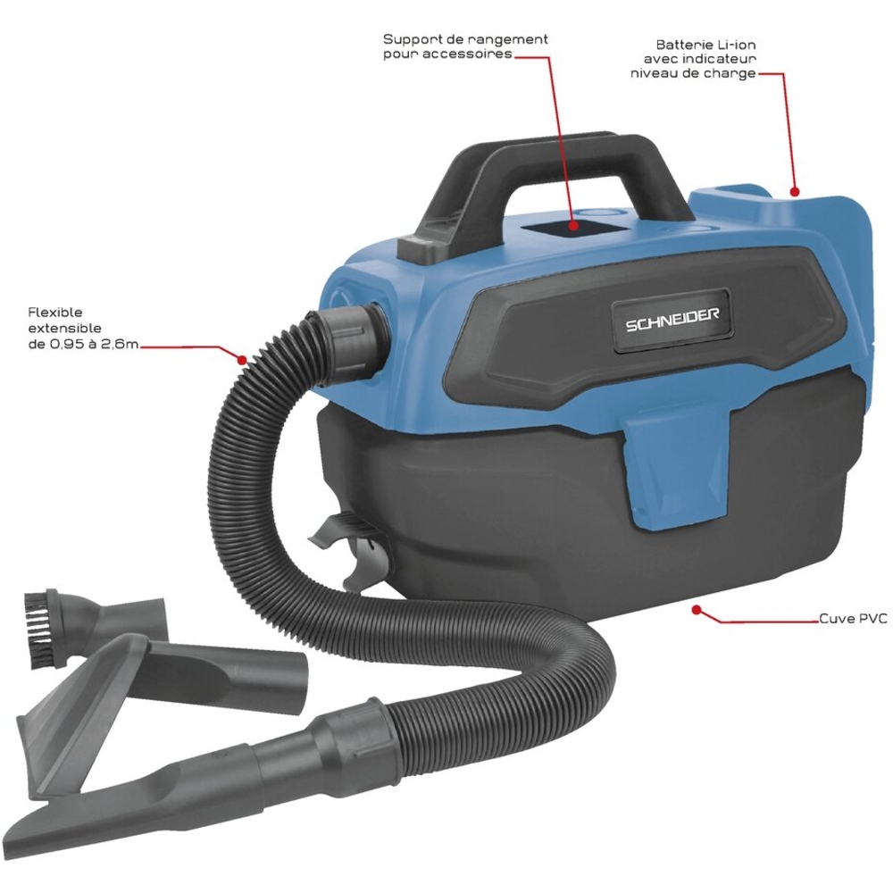 Aspirateur eau et poussière 7,5L 150W sur batterie 20V - 1 batterie 2Ah SCHNEIDER ASPI - 50000