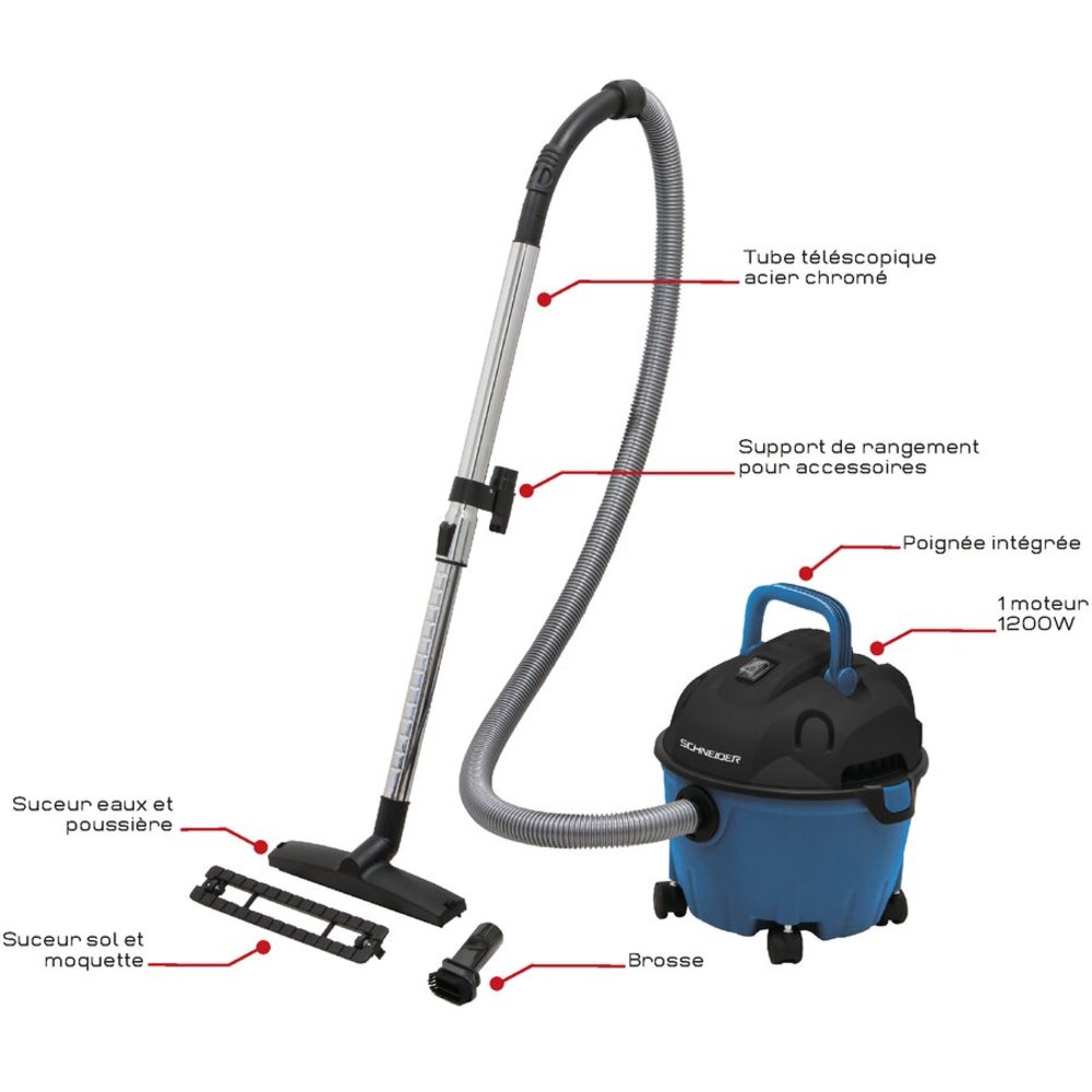 Aspirateur eau et poussière 10L 230V 1200W cuve plastique/souffleur SCHNEIDER ASPI - 50001