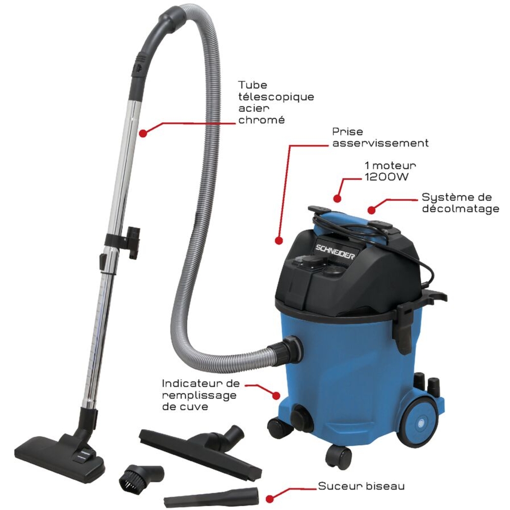 Aspirateur eau et poussière 20L 230V 1200W cuve plastique/prise électroportatif/décolmatage/souffleur SCHNEIDER ASPI - 50002