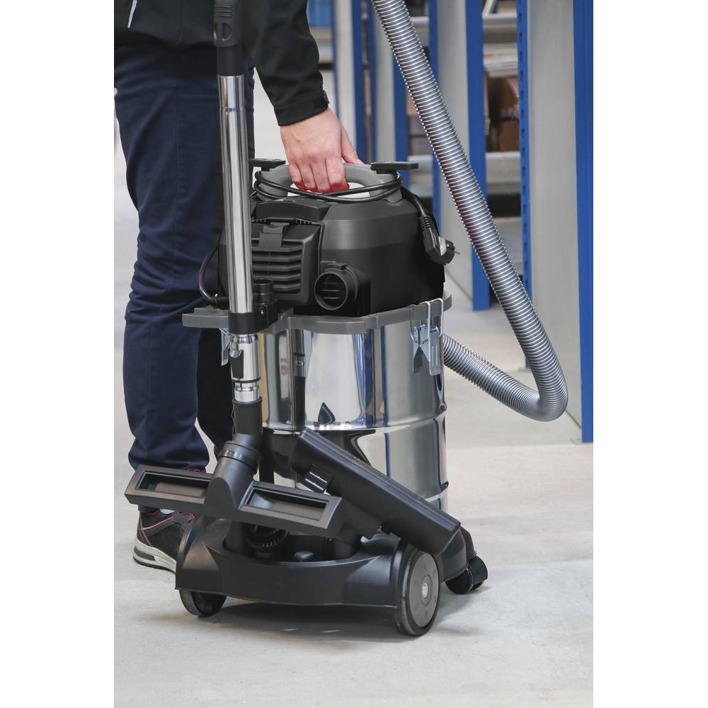 Aspirateur eau et poussière 30L 230V 1200W cuve inox/prise électroportatif/2 roues fixes/décolmatage/souffleur SCHNEIDER ASPI - 50003