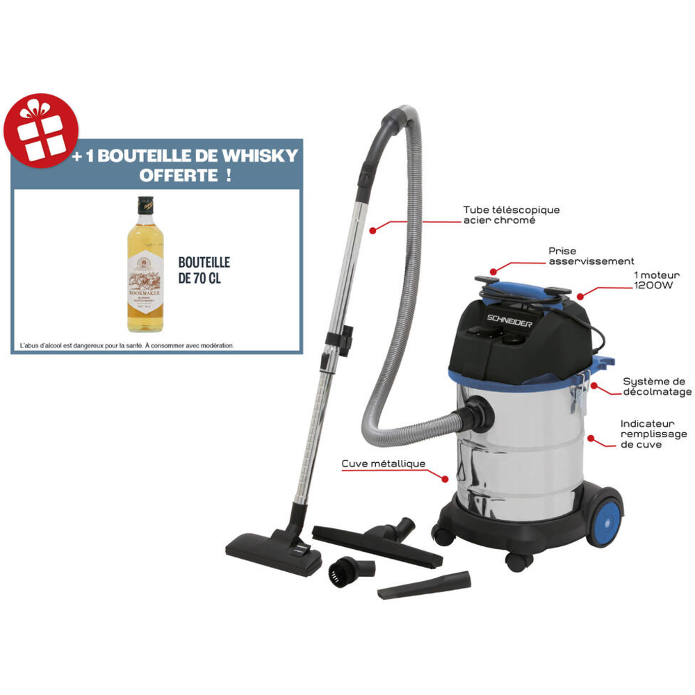 Aspirateur eau et poussière 30L 230V 1200W cuve inox/prise électroportatif/2 roues fixes/décolmatage/souffleur SCHNEIDER ASPI - 50003