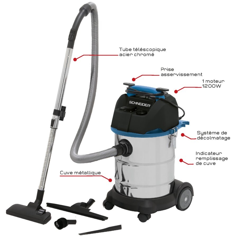 Aspirateur eau et poussière 30L 230V 1200W cuve inox/prise électroportatif/2 roues fixes/décolmatage/souffleur SCHNEIDER ASPI - 50003