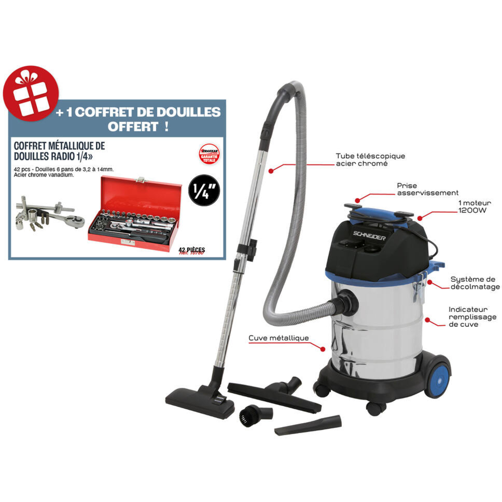 Aspirateur eau et poussière 30L 230V 1200W cuve inox/prise électroportatif/2 roues fixes/décolmatage/souffleur SCHNEIDER ASPI - 50003