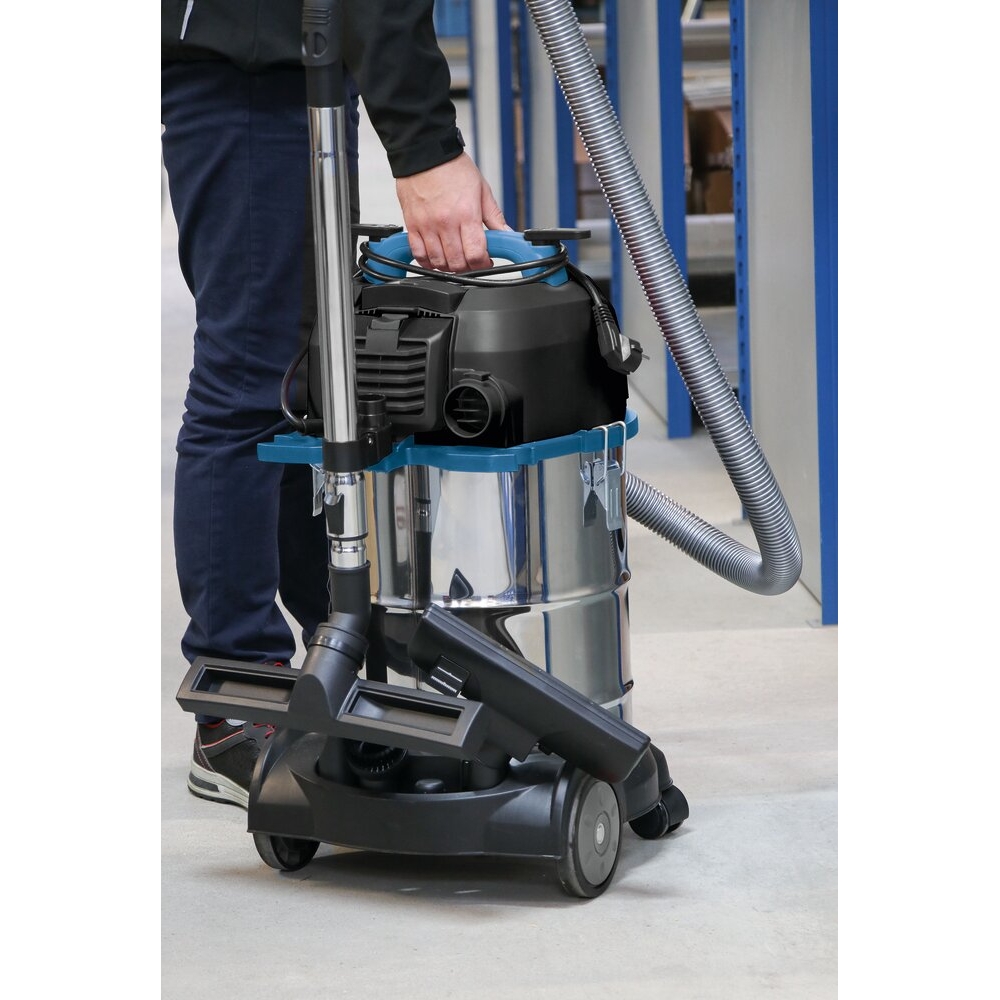 Aspirateur eau et poussière 30L 230V 1200W cuve inox/prise électroportatif/2 roues fixes/décolmatage/souffleur SCHNEIDER ASPI - 50003