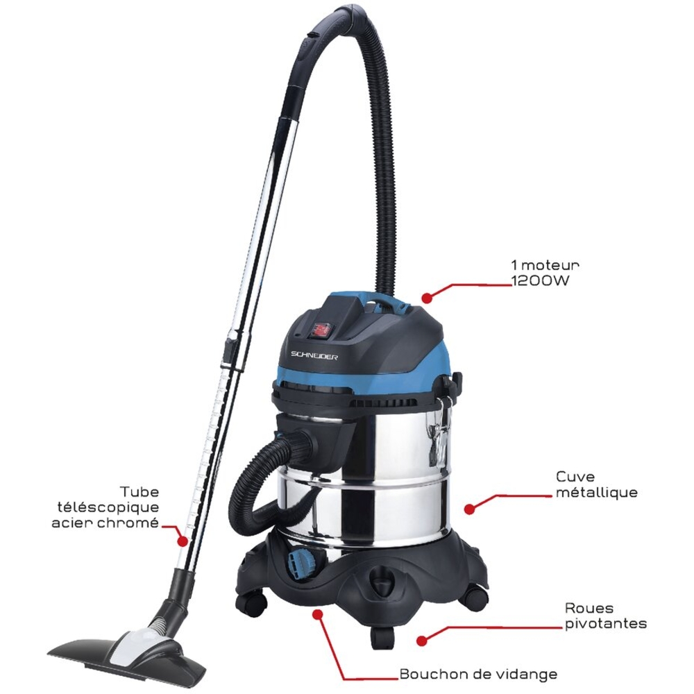 Aspirateur eau et poussière 20L 230V 1200W cuve inox/décolmatage/souffleur SCHNEIDER ASPI - 50004