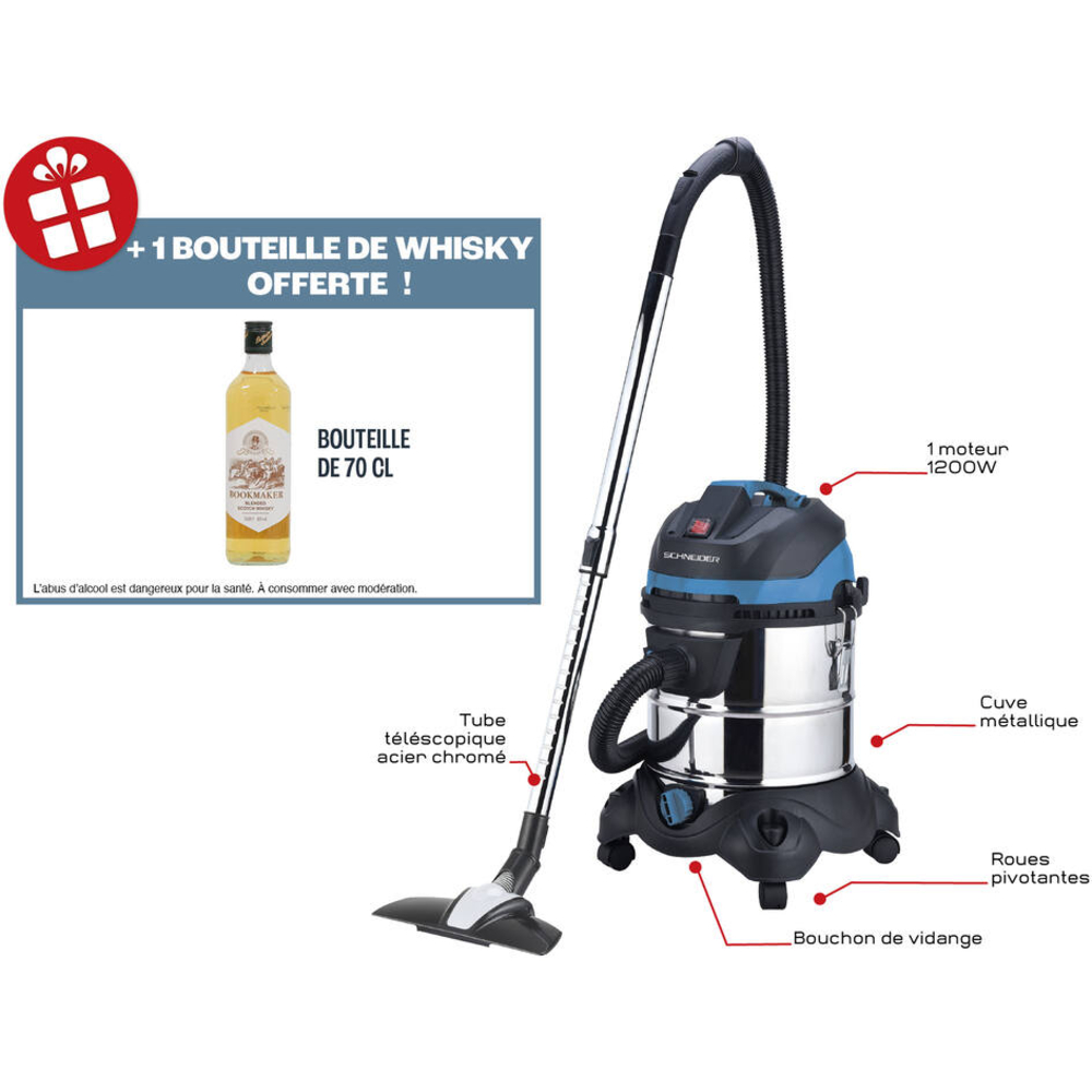 Aspirateur eau et poussière 20L 230V 1200W cuve inox/décolmatage/souffleur SCHNEIDER ASPI - 50004
