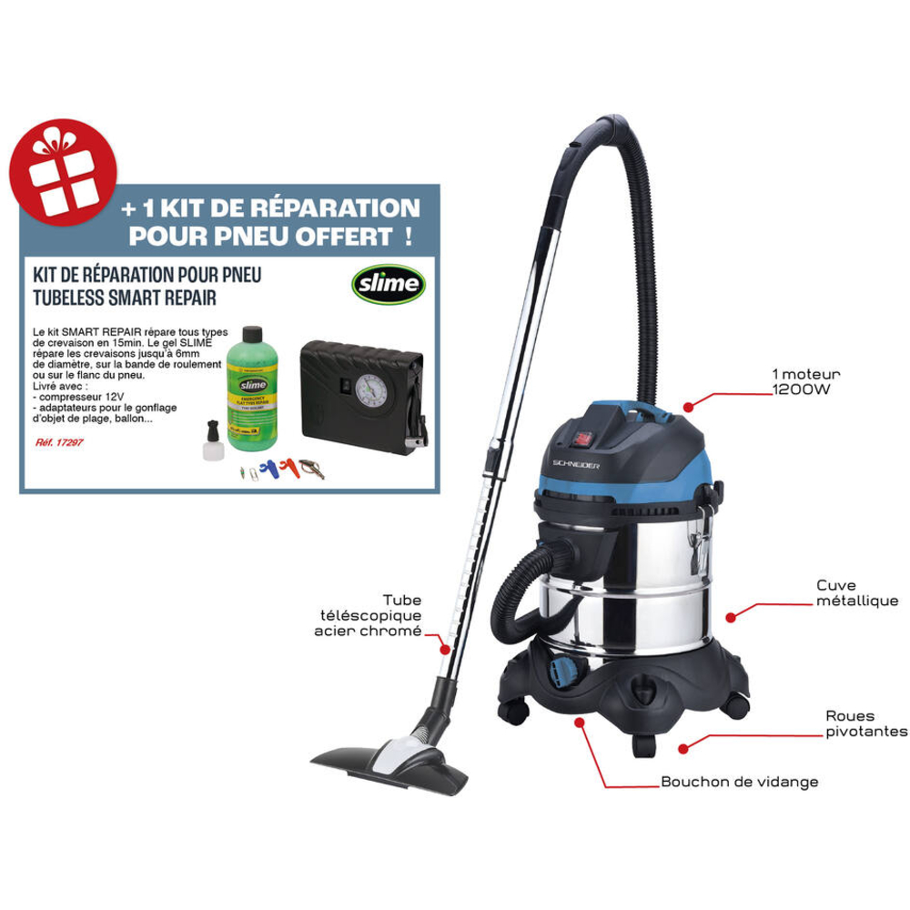 Aspirateur eau et poussière 20L 230V 1200W cuve inox/décolmatage/souffleur SCHNEIDER ASPI - 50004