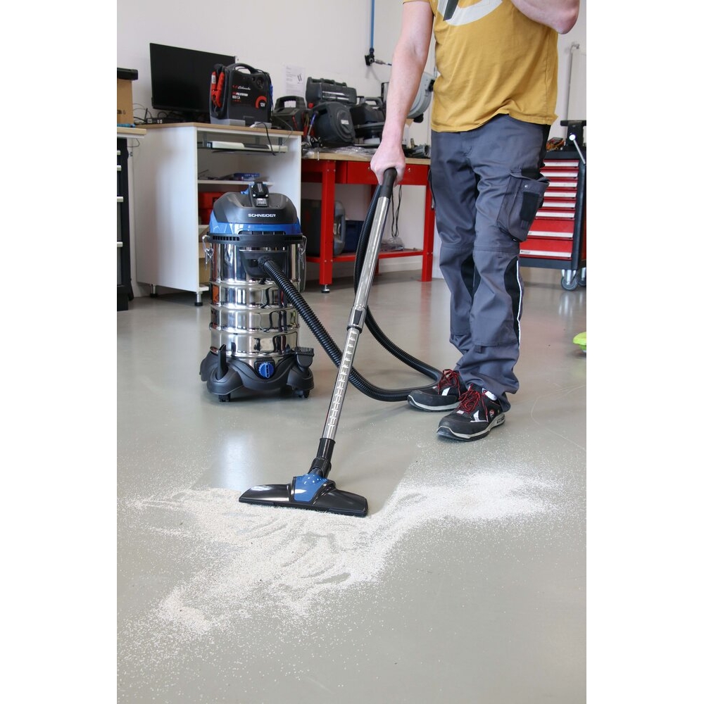 Aspirateur eau et poussière 30L 230V 1200W cuve inox/ prise électroportatif/ décolmatage/ souffleur SCHNEIDER ASPI - 50005