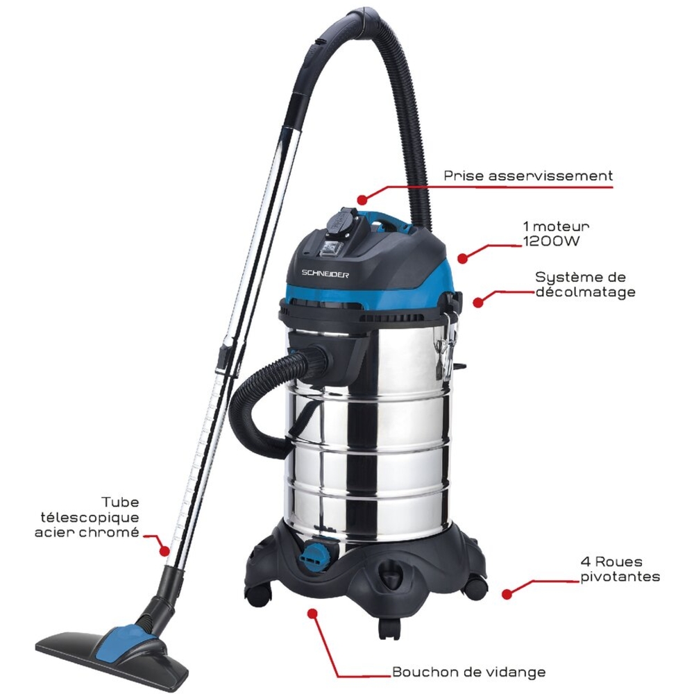 Aspirateur eau et poussière 30L 230V 1200W cuve inox/ prise électroportatif/ décolmatage/ souffleur SCHNEIDER ASPI - 50005