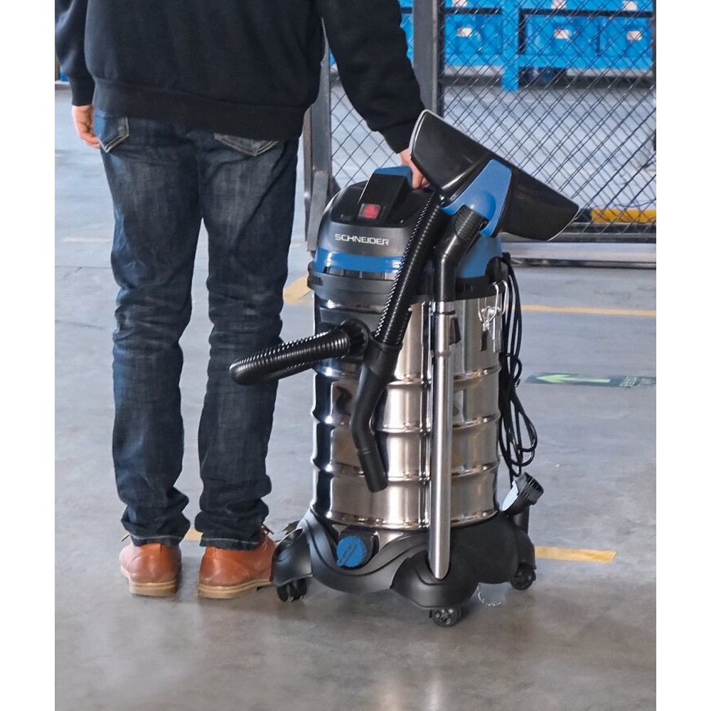 Aspirateur eau et poussière 30L 230V 1200W cuve inox/ prise électroportatif/ décolmatage/ souffleur SCHNEIDER ASPI - 50005