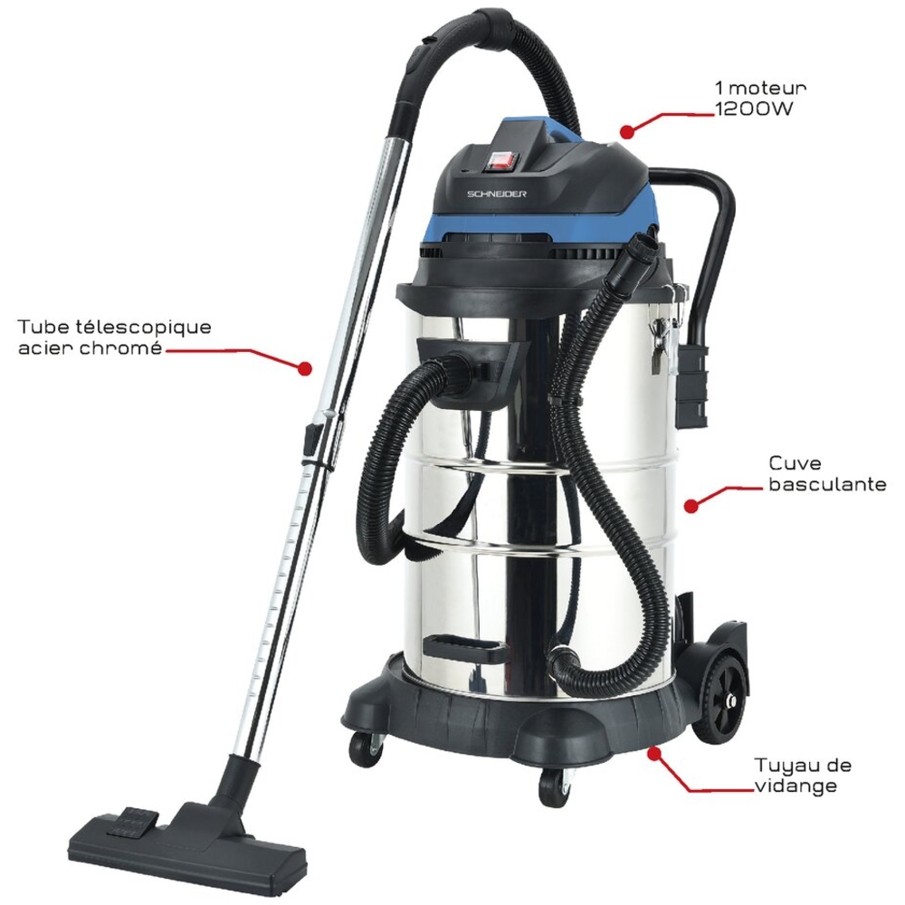 Aspirateur eau et poussière 50L 230V 1200W cuve inox basculante/décolmatage/souffleur SCHNEIDER ASPI - 50006