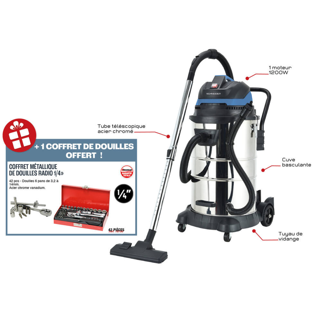 Aspirateur eau et poussière 50L 230V 1200W cuve inox basculante/décolmatage/souffleur SCHNEIDER ASPI - 50006
