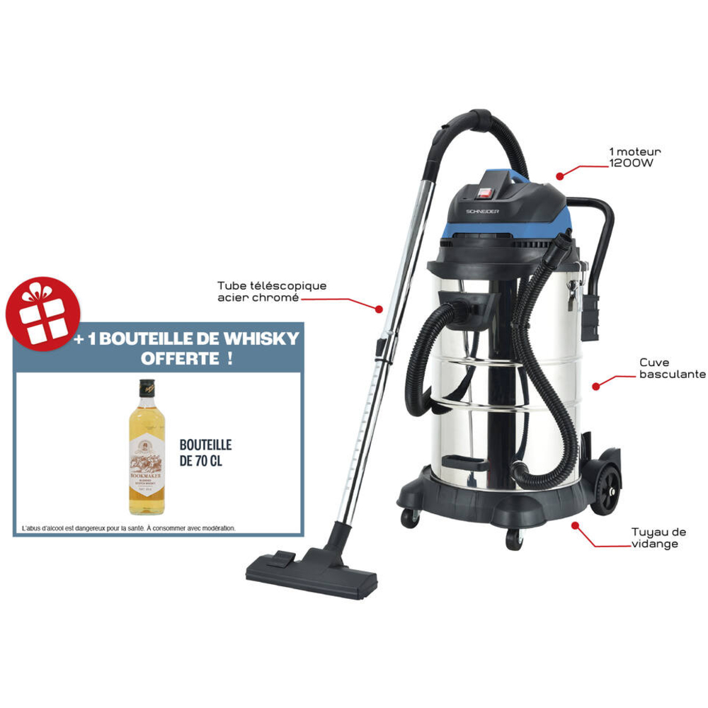 Aspirateur eau et poussière 50L 230V 1200W cuve inox basculante/décolmatage/souffleur SCHNEIDER ASPI - 50006