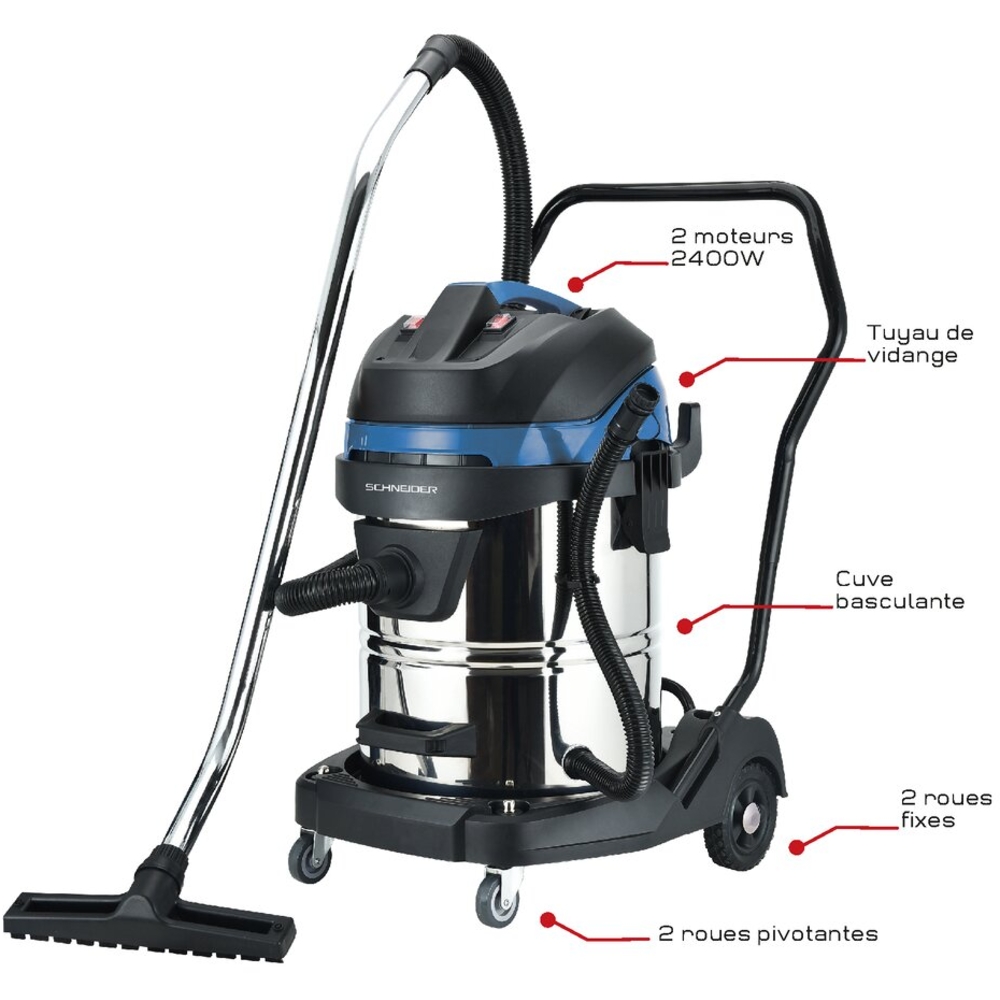 Aspirateur eau et poussière 60L 230V 2400W cuve inox basculante/2 moteurs SCHNEIDER ASPI - 50007