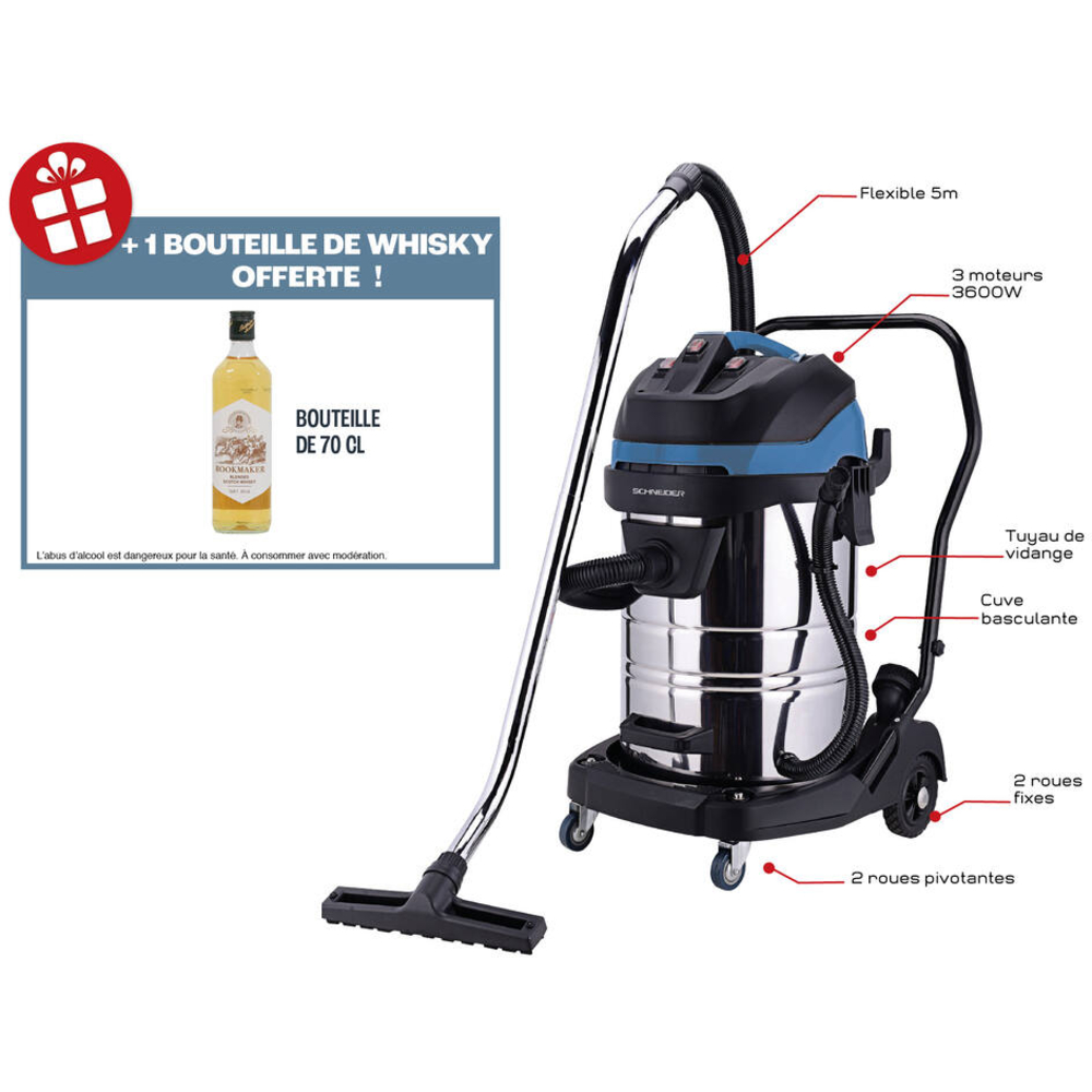 Aspirateur eau et poussières 80L 230V 3600W cuve inox basculante/3 moteurs/flexible de 5m SCHNEIDER ASPI - 50008