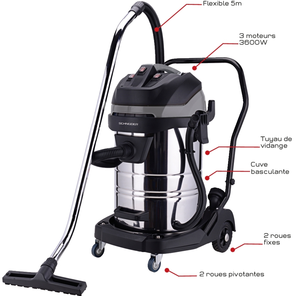 Aspirateur eau et poussières 80L 230V 3600W cuve inox basculante/3 moteurs/flexible de 5m SCHNEIDER ASPI - 50008