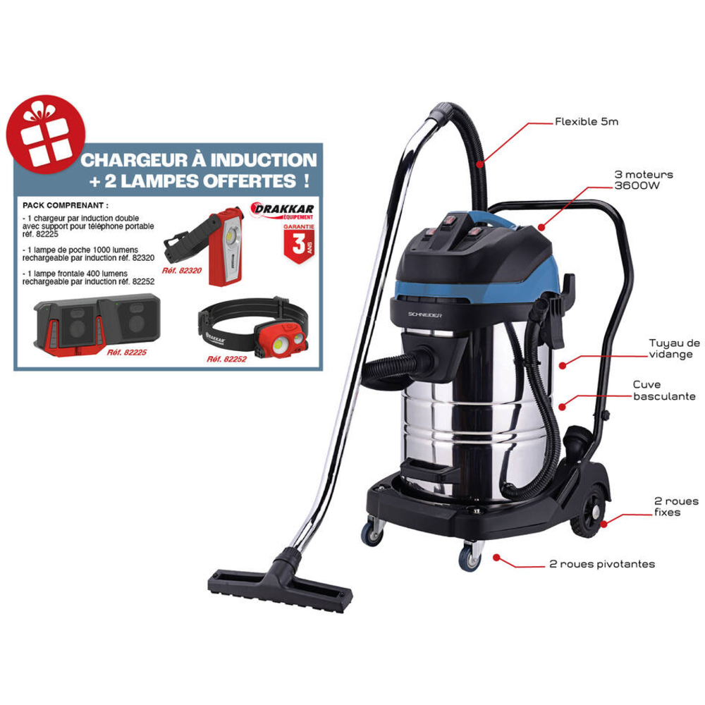 Aspirateur eau et poussières 80L 230V 3600W cuve inox basculante/3 moteurs/flexible de 5m SCHNEIDER ASPI - 50008