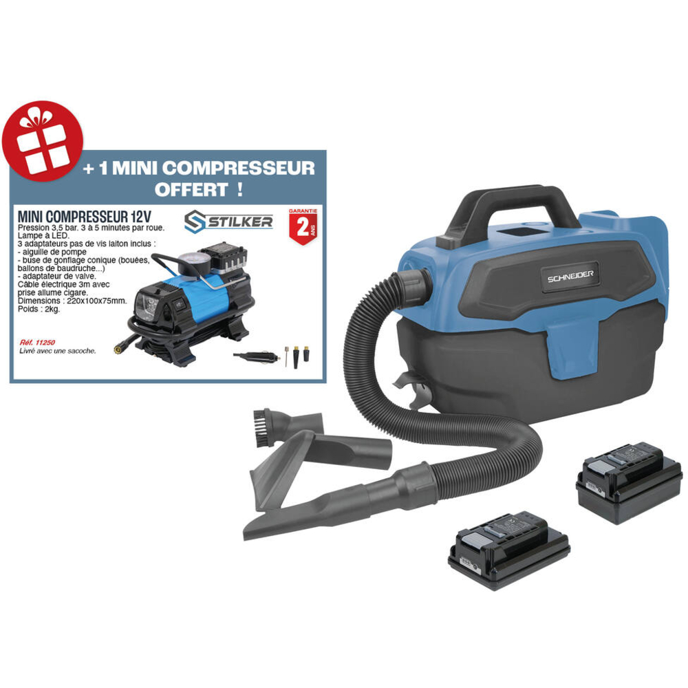 Aspirateur eau et poussière 7,5L 150W sur batterie 20V - 1 batterie 2Ah + 1 batterie 4Ah SCHNEIDER ASPI - 50015