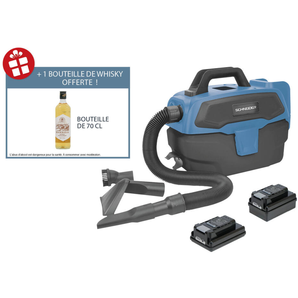Aspirateur eau et poussière 7,5L 150W sur batterie 20V - 1 batterie 2Ah + 1 batterie 4Ah SCHNEIDER ASPI - 50015