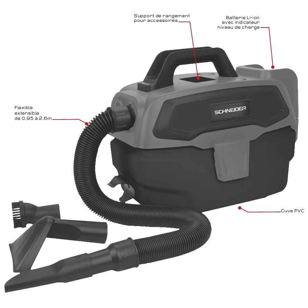 Aspirateur eau et poussière 7,5L 150W sur batterie 20V - 1 batterie 2Ah + 1 batterie 4Ah SCHNEIDER ASPI - 50015