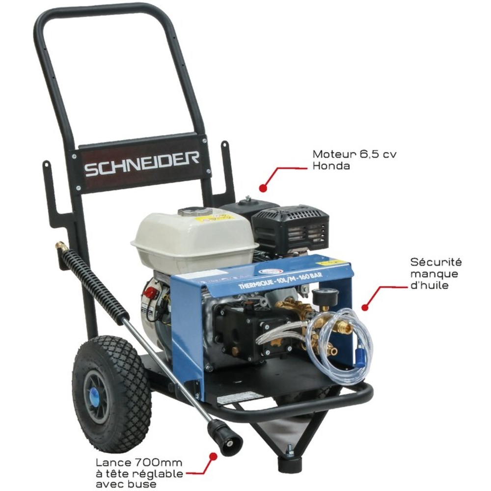 Nettoyeur HP eau froide moteur thermique OHV 10 l/min 160 bar avec flexible 10m SCHNEIDER NHP - 50030