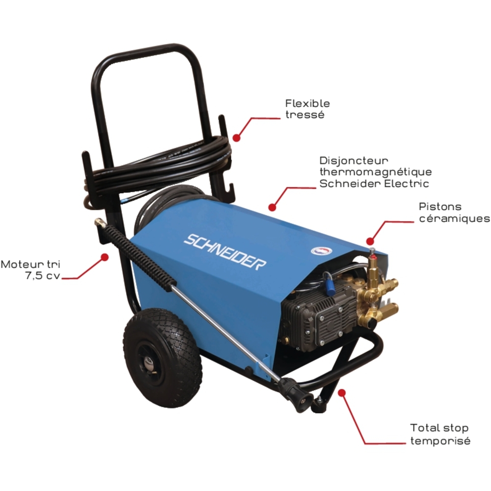 Nettoyeur HP eau froide 380V 15 l/min 200 bar total stop avec flexible 10m SCHNEIDER NHP - 50060