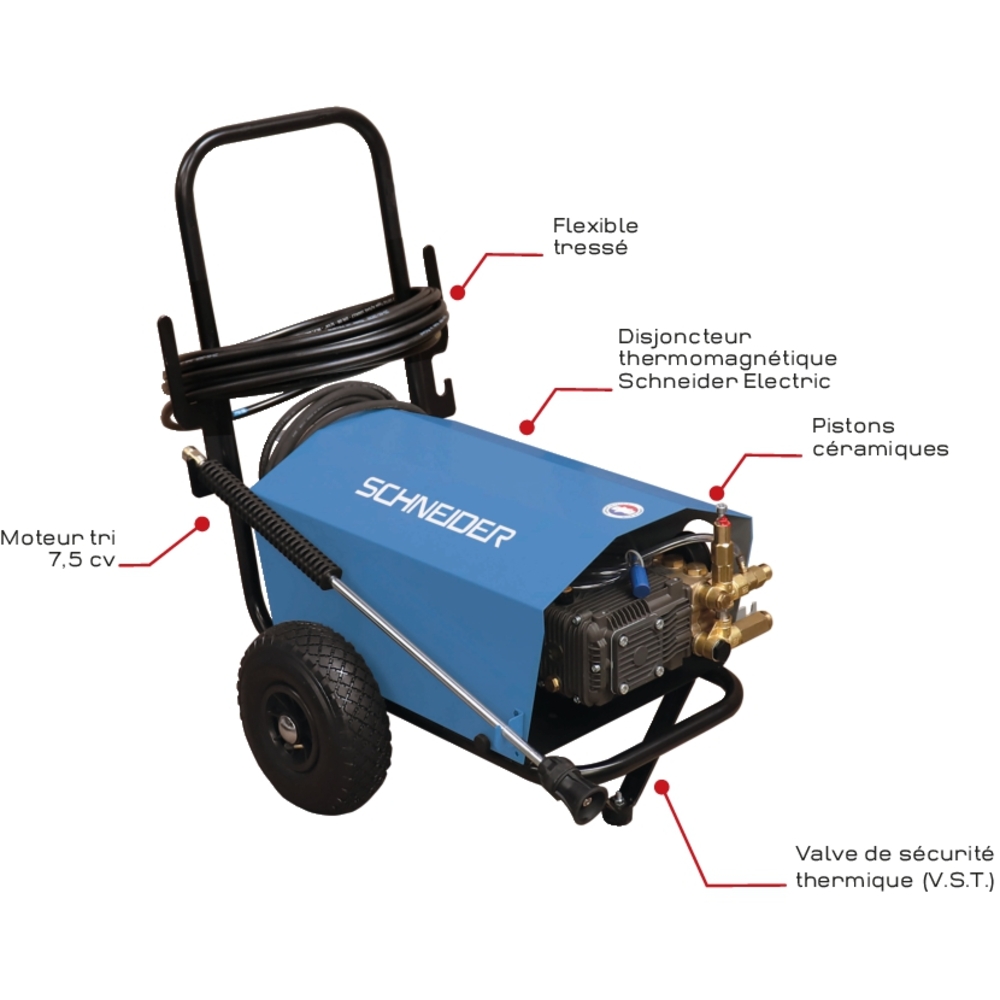 Nettoyeur HP eau froide 380V 15 l/min 200 bar avec flexible 10m SCHNEIDER NHP - 50061