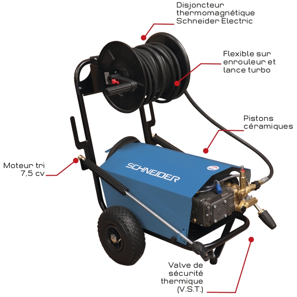 Nettoyeur HP eau froide 380V 15 l/min 200 bar avec enrouleur de flexible 20m et lance turbo SCHNEIDER NHP - 50066
