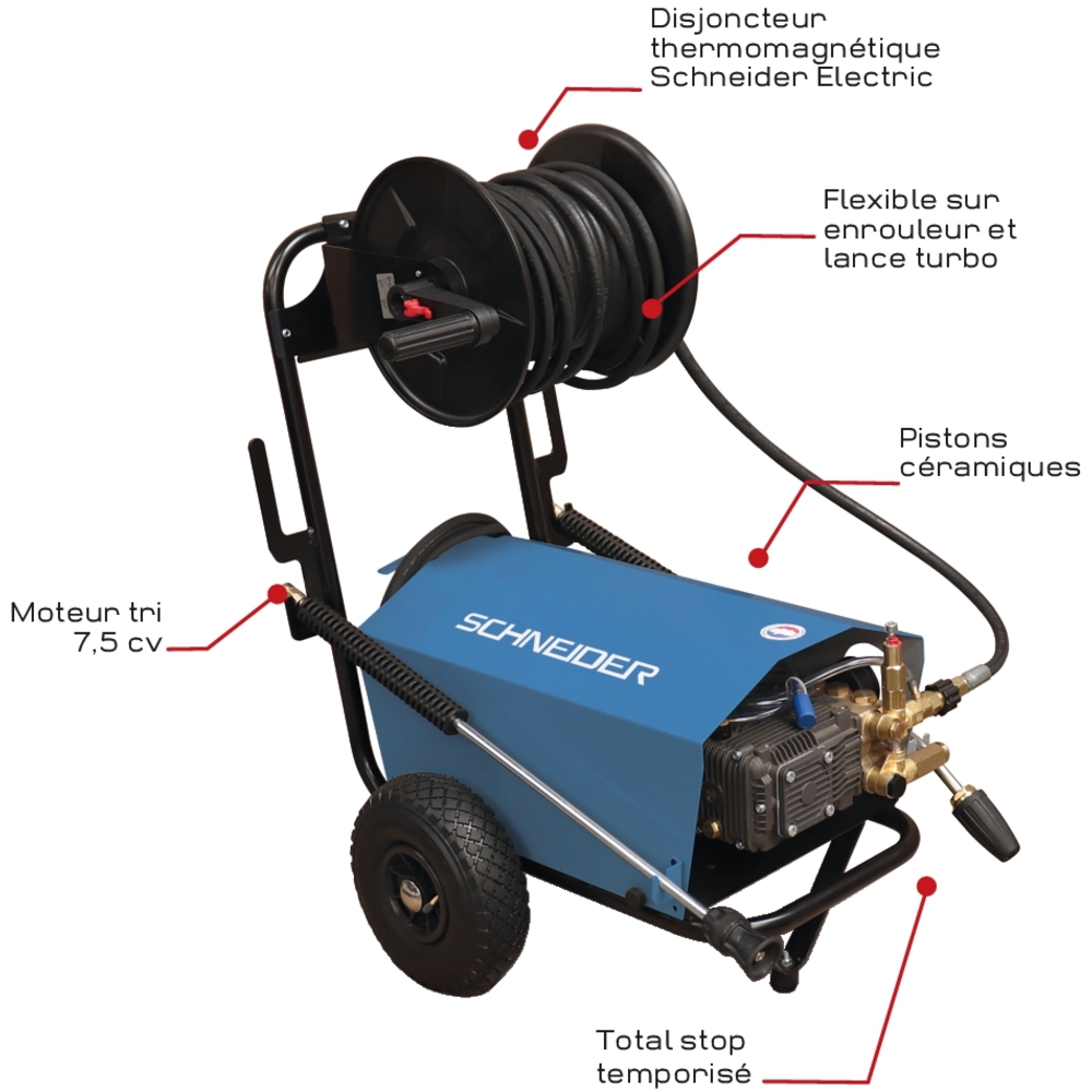 Nettoyeur HP eau froide 380V 15 l/min 200 bar total stop avec enrouleur de flexible 20m et lance turbo SCHNEIDER NHP - 50067