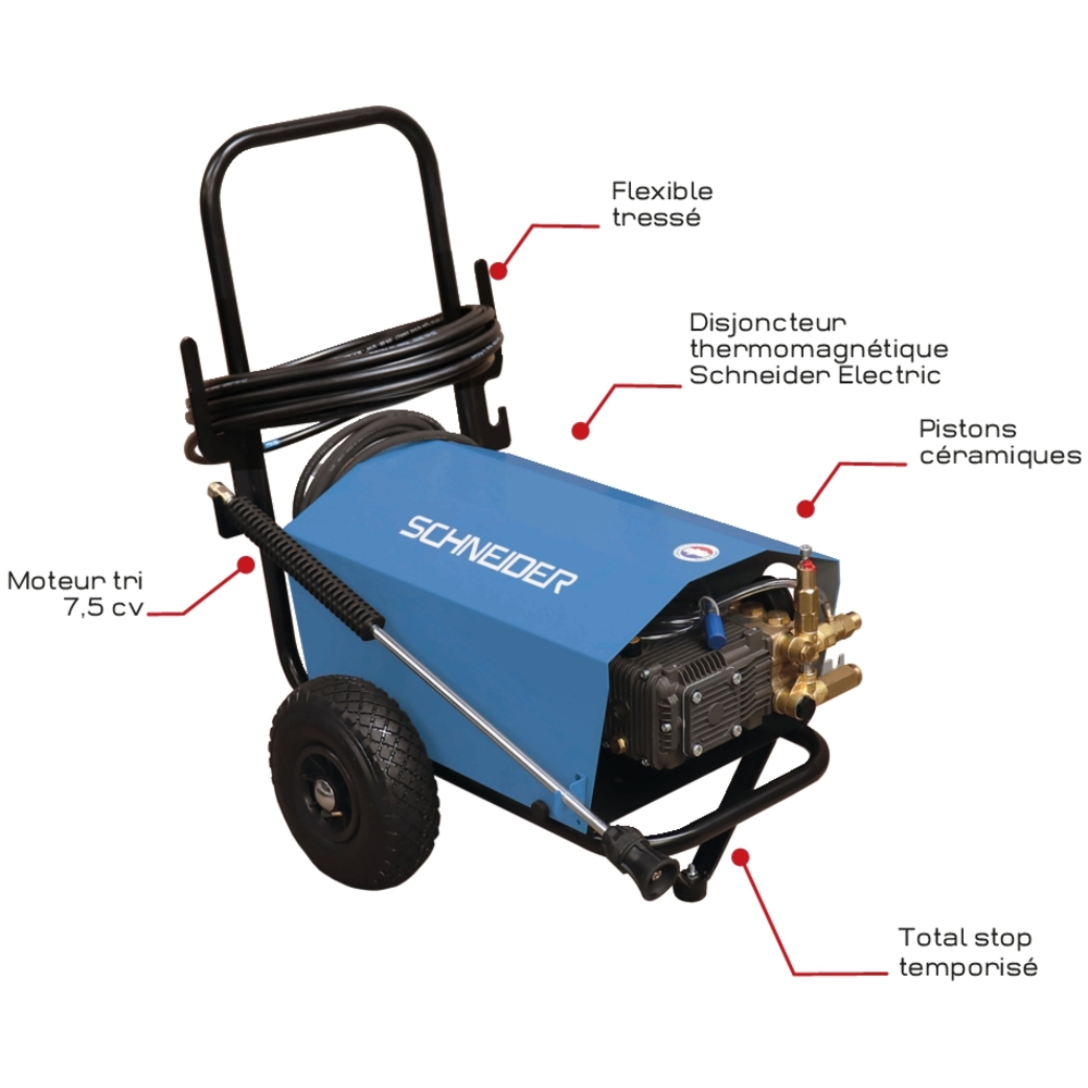 Nettoyeur HP eau froide 380V 21 l/min 150 bar total stop avec flexible 10m SCHNEIDER NHP - 50070