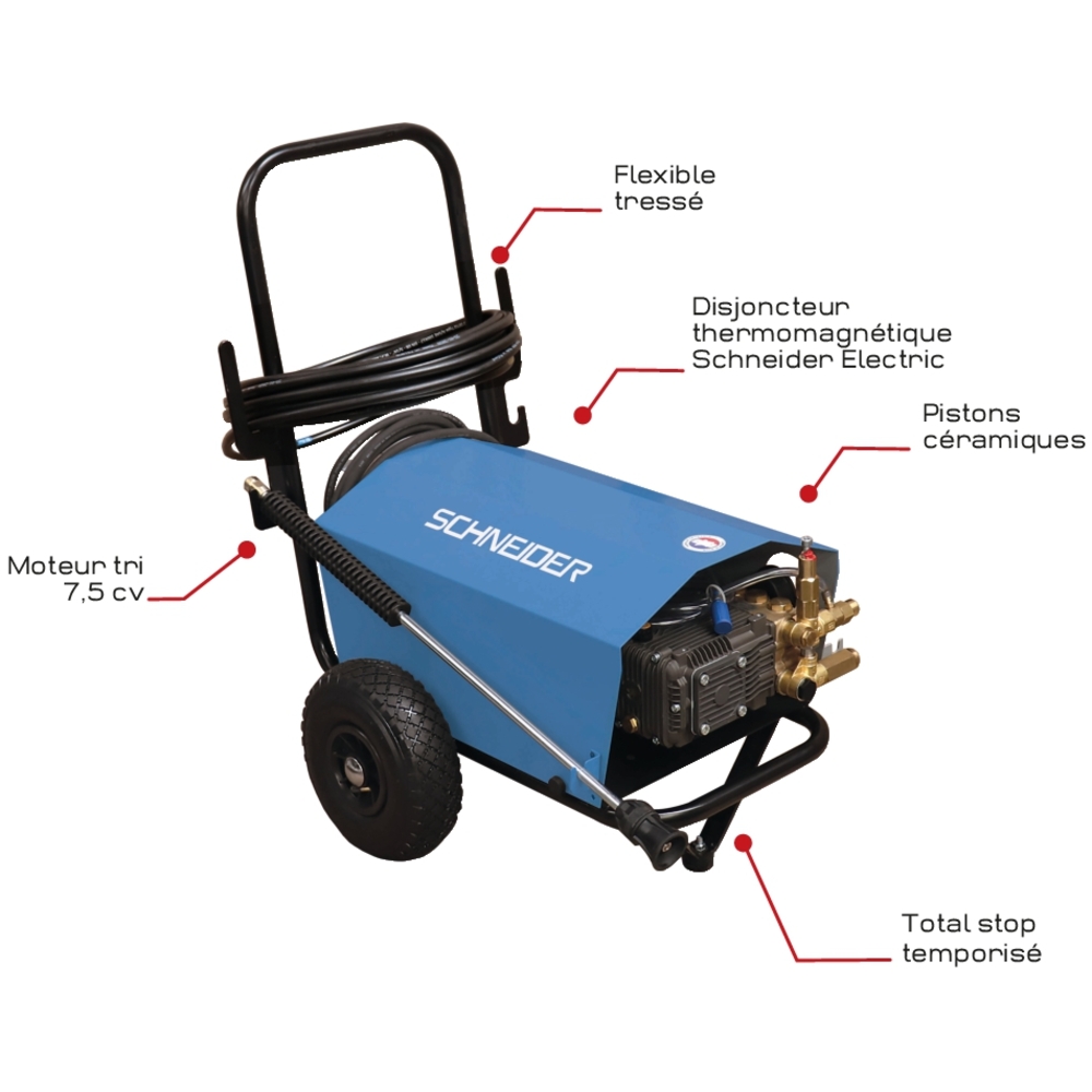 Nettoyeur HP eau froide 380V 21 l/min 150 bar total stop avec flexible 15m SCHNEIDER NHP - 50072