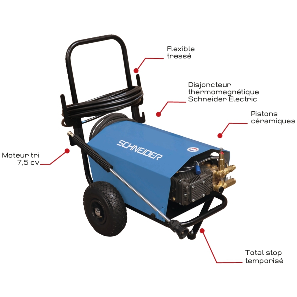 Nettoyeur HP eau froide 380V 21 l/min 150 bar total stop avec flexible 20m SCHNEIDER NHP - 50075