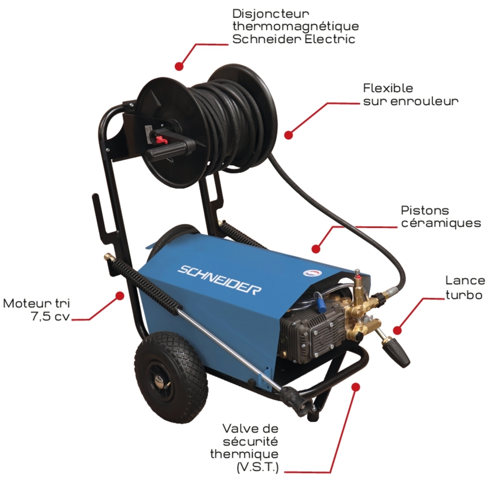 Nettoyeur HP eau froide 380V 21 l/min 150 bar avec enrouleur de flexible 20m et lance turbo SCHNEIDER NHP - 50076