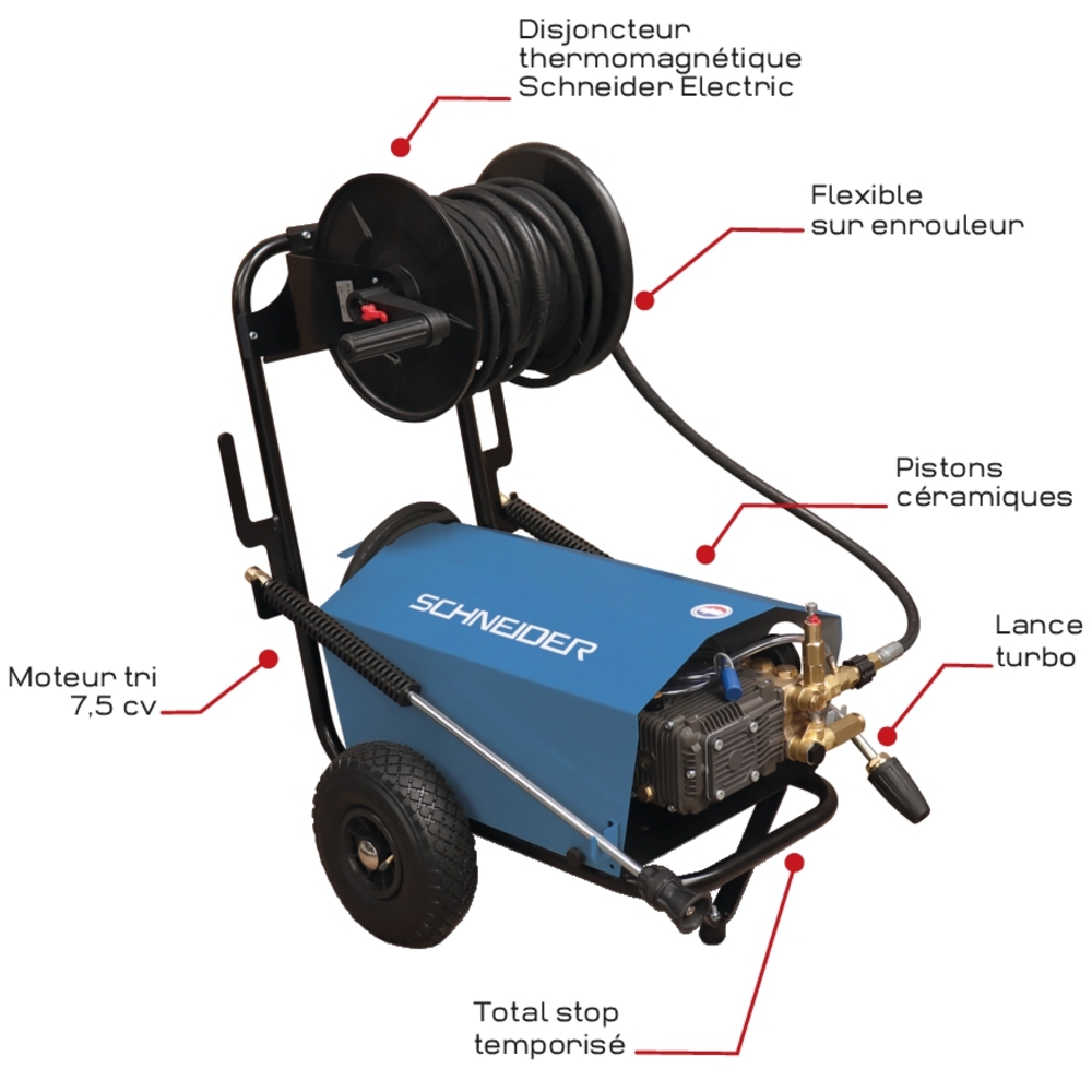 Nettoyeur HP eau froide 380V 21 l/min 150 bar total stop avec enrouleur de flexible 20m et lance turbo SCHNEIDER NHP - 50078