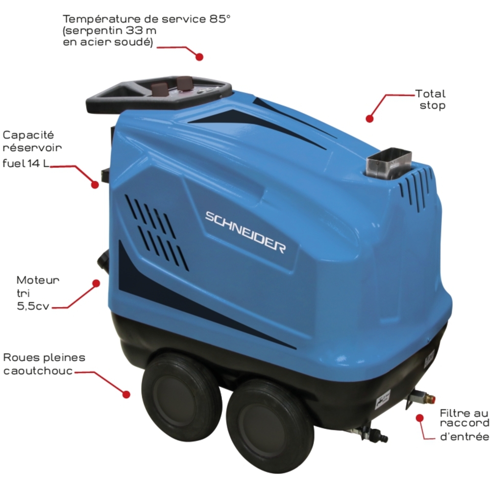 Nettoyeur HP eau chaude 380V 14 l/min 160 bar avec flexible 10m et total stop SCHNEIDER NHP - 50089