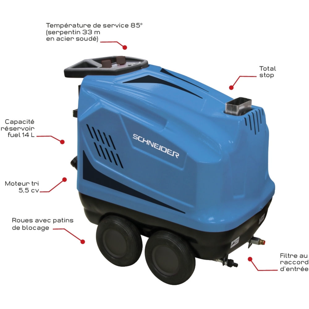 Nettoyeur HP eau chaude 380V 14 l/min 160 bar avec flexible 15m et total stop SCHNEIDER NHP - 50091