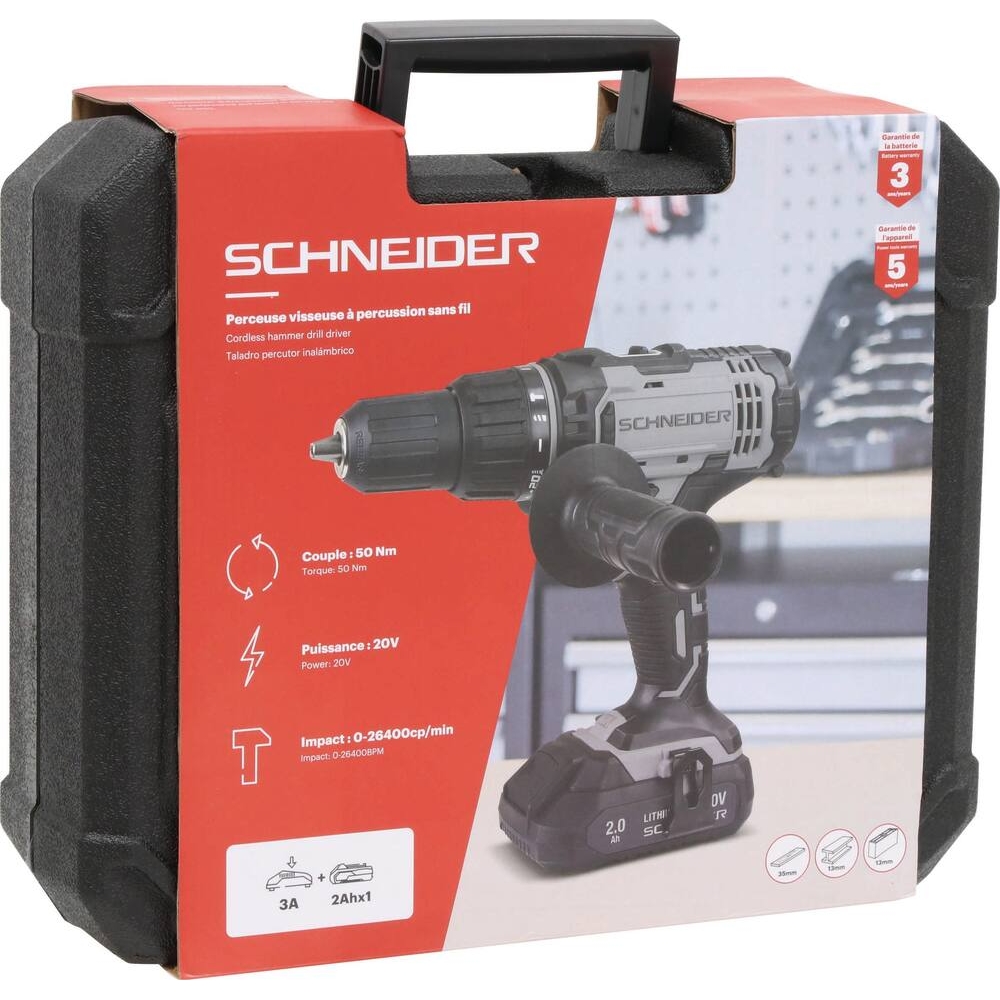 Perceuse visseuse à percussion 20V 50Nm 1 batterie 2Ah Li-ion - mallette SCHNEIDER ELECTRO - 50817