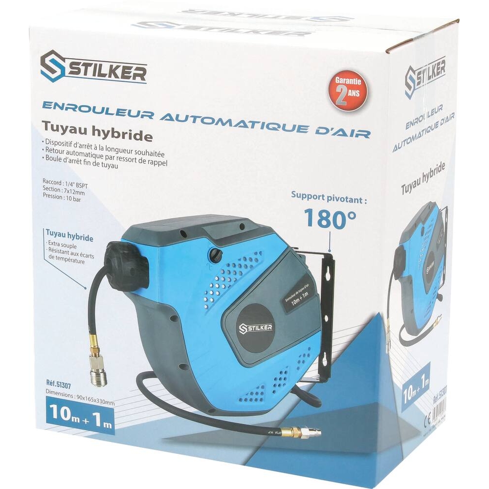 Enrouleur automatique orientable de tuyau d'air hybride 8 bar 8x12mm 10+1m STILKER - 51307