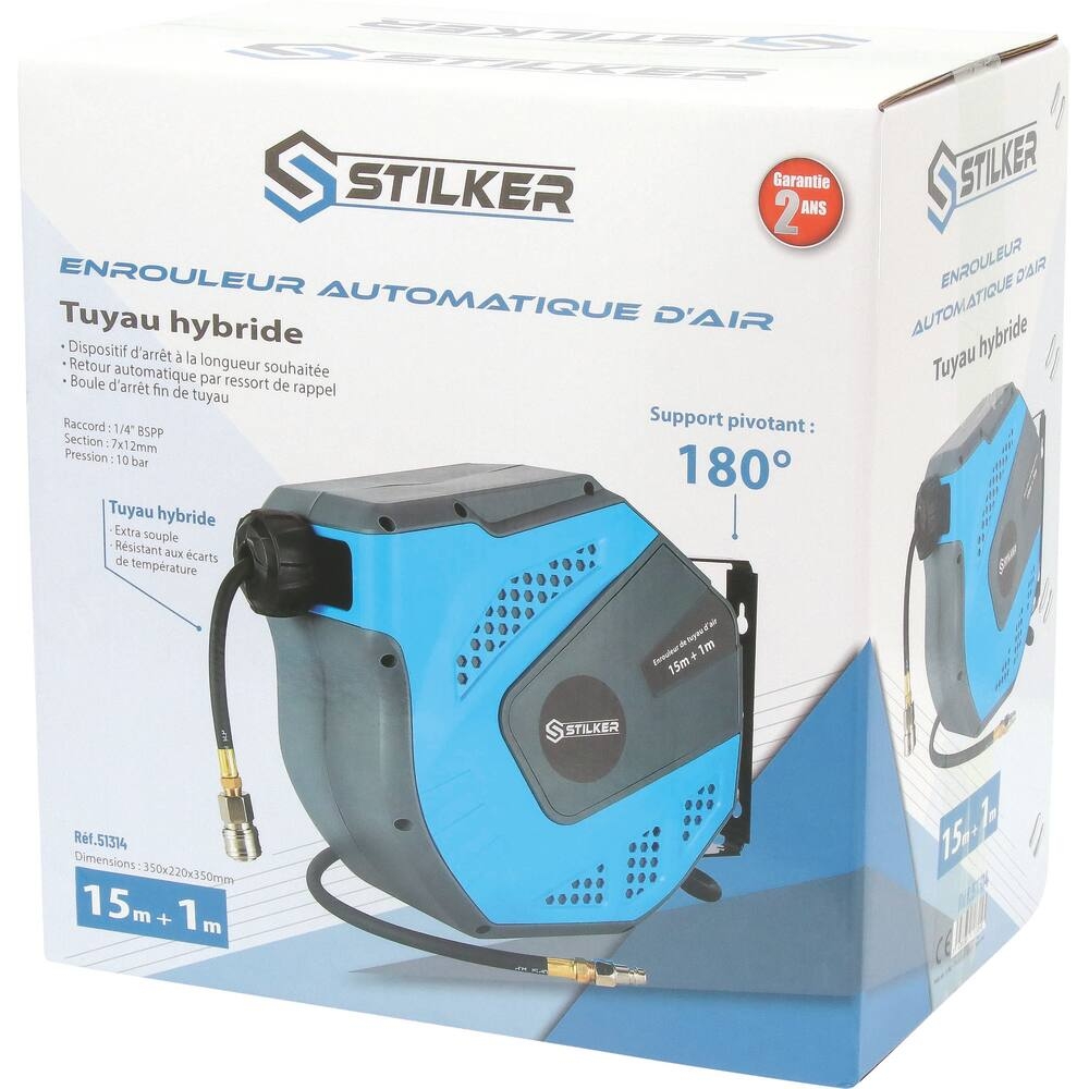 Enrouleur automatique orientable de tuyau d'air hybride 8 bar 8x12mm 15+1m STILKER - 51314