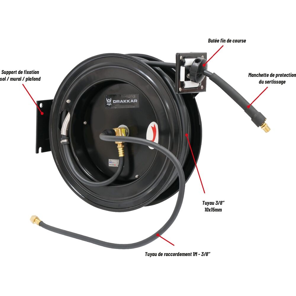 Enrouleur automatique métallique de tuyau d'air 20m+1m 20 bar 10x15mm DRAKKAR - 51324