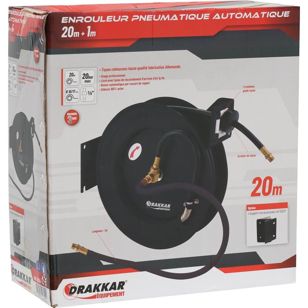 Enrouleur automatique métallique de tuyau d'air 20m+1m 20 bar 10x15mm DRAKKAR - 51324