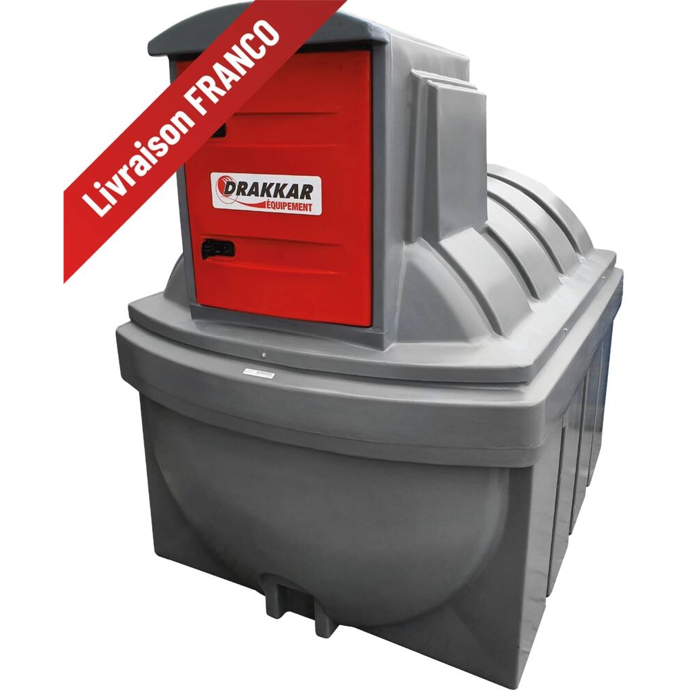 Cuve de stockage gasoil PEHD 2500L double paroi avec armoire intégrée pour station à gasoil 230V 56 l/min et pistolet automatique/compteur/filtre DRAKKAR - 56020
