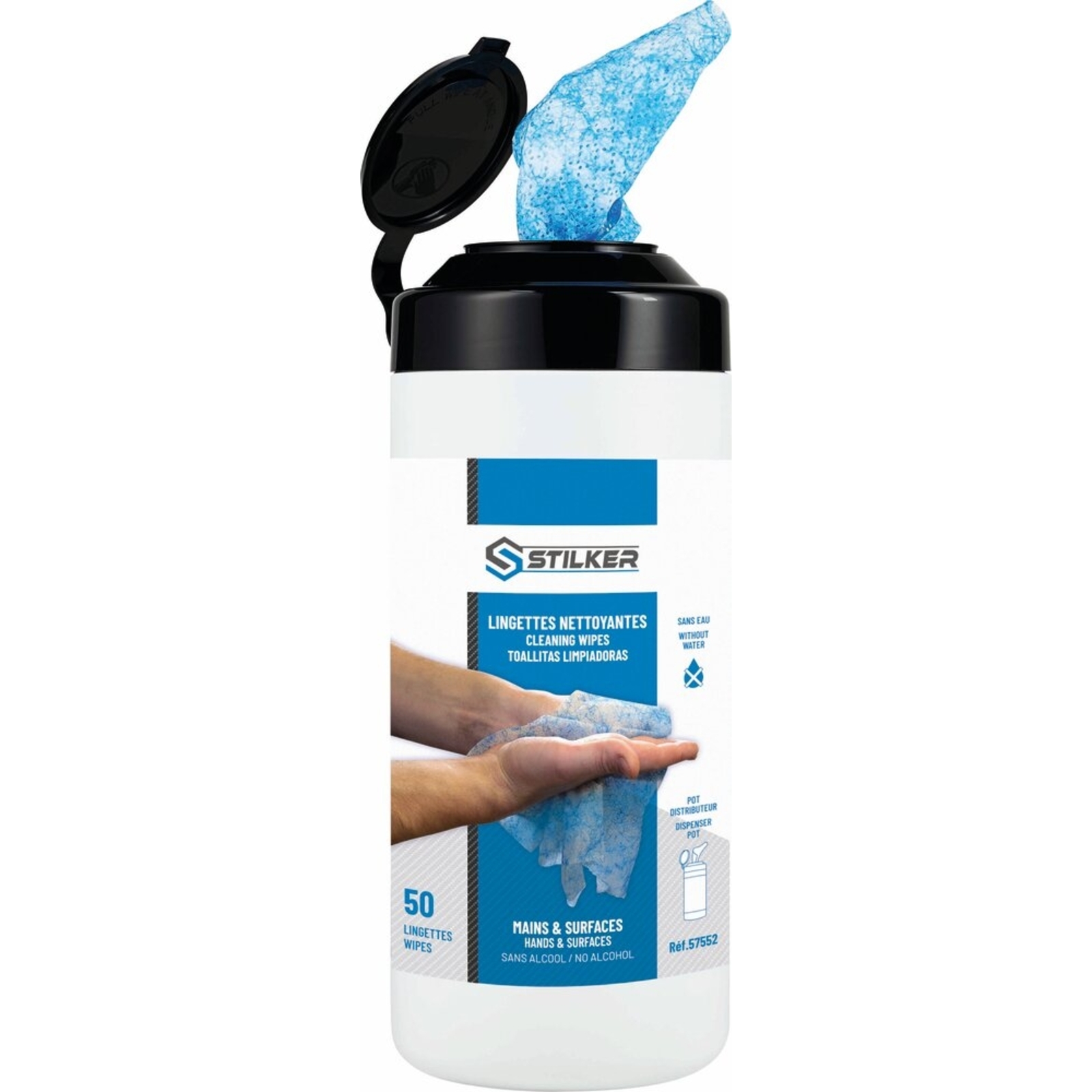 Lingettes nettoyantes mains 300x200mm - pot distributeur de 50 lingettes STILKER - 57552