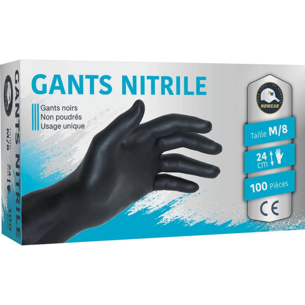 Gants jetables ambidextres nitrile 240mm noir T8 - Boîte de 100 pcs NOWEAR - 65001