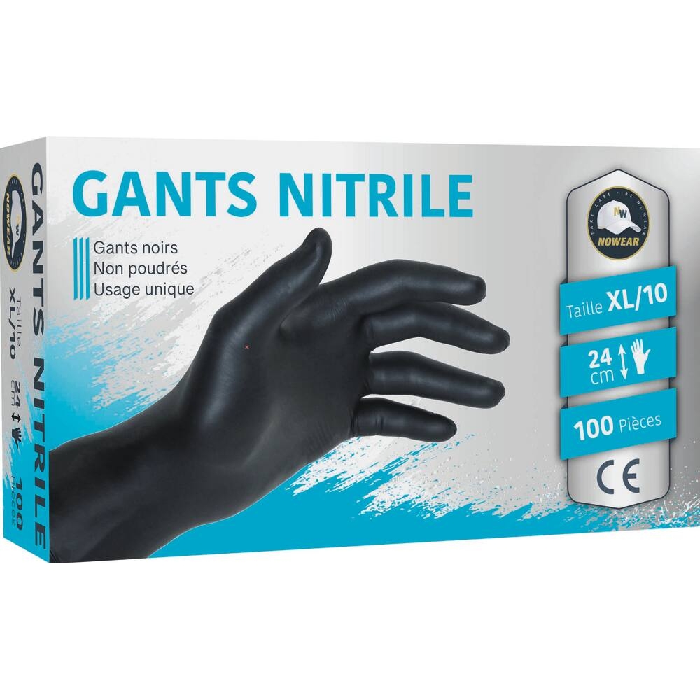 Gants jetables ambidextres nitrile 240mm noir T10 - Boîte de 100 pcs NOWEAR - 65003