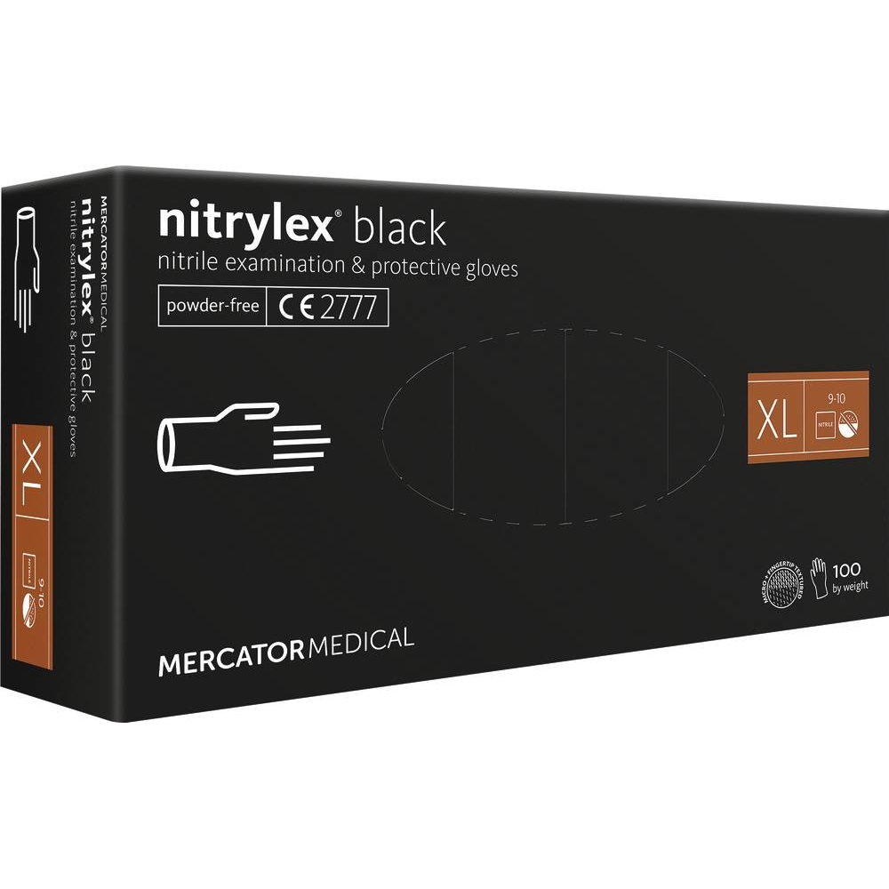 Gants jetables ambidextres nitrile 240mm 0,09mm noir T10 - Boîte de 100 pcs MERCATOR - 65036