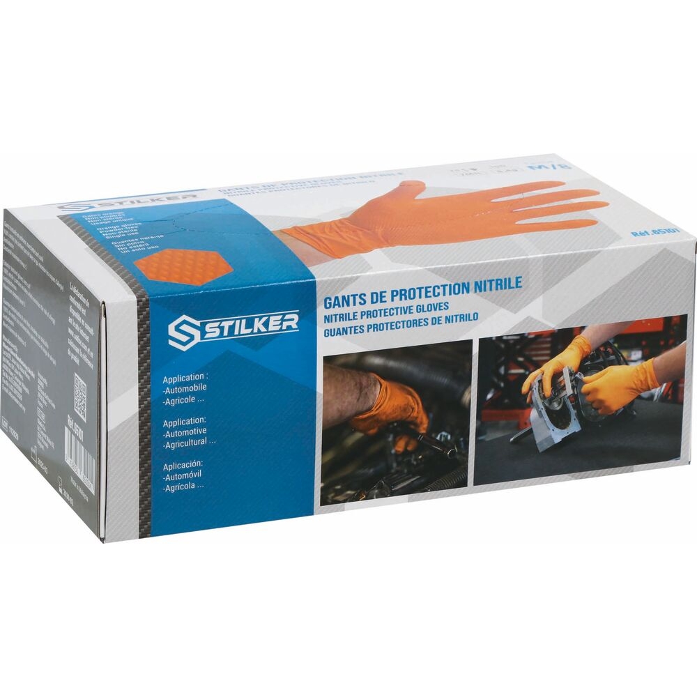 BOITE DE 100 GANTS ORANGE EN NITRILE EPAISSEUR 7 MIL - 8,4GR - TAILLE M - STILKER - 65101